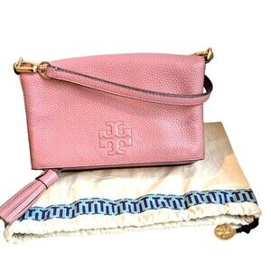 Tory Burch Thea Foldover Crossbody Pebbled Leather Pink  Magnolia Bag Clutch